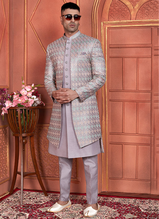 Art Silk Light Purple Wedding Wear Computer Thread Work 2 Pcs Attach Jacket Set 345803