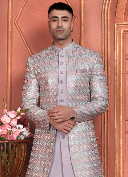 Art Silk Light Purple Wedding Wear Computer Thread Work 2 Pcs Attach Jacket Set 345803