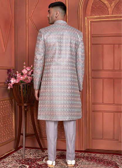 Art Silk Light Purple Wedding Wear Computer Thread Work 2 Pcs Attach Jacket Set 345803