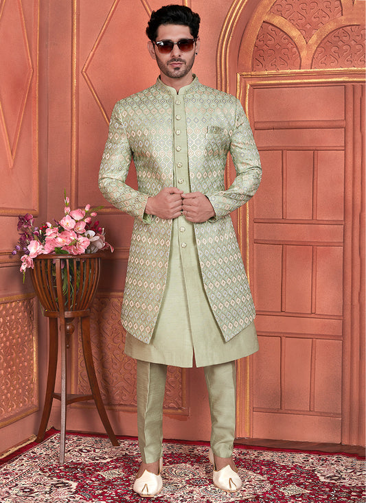 Art Silk Pista Green Wedding Wear Computer Thread Work 2 Pcs Attach Jacket Set 345804