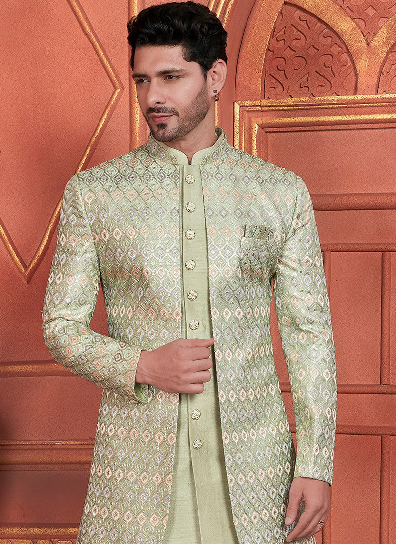 Art Silk Pista Green Wedding Wear Computer Thread Work 2 Pcs Attach Jacket Set 345804