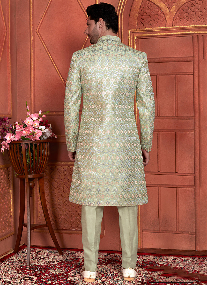 Art Silk Pista Green Wedding Wear Computer Thread Work 2 Pcs Attach Jacket Set 345804