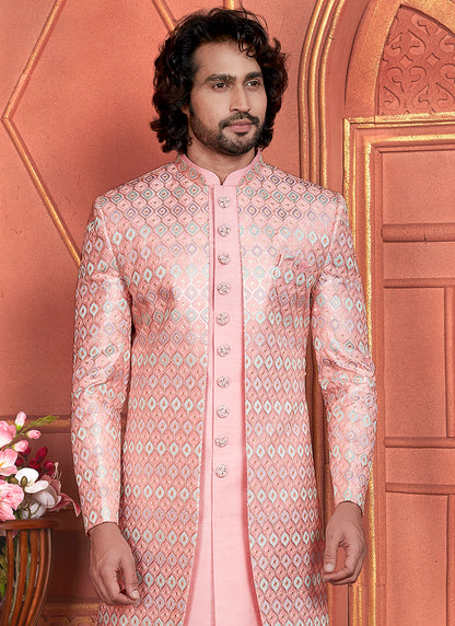 Art Silk Pink Wedding Wear Computer Thread Work 2 Pcs Attach Jacket Set 345805