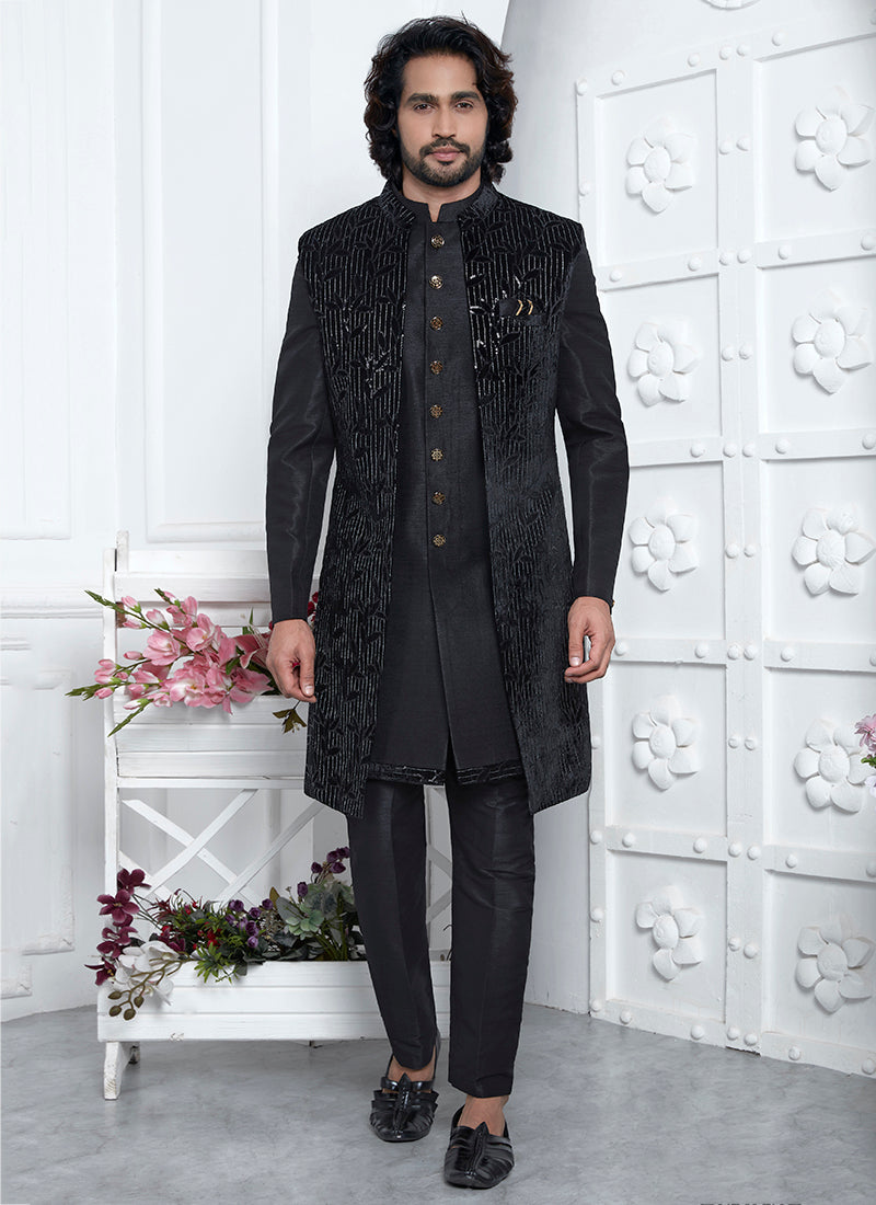 Art Silk Black Wedding Wear Pattern Pc Readymade Sherwani 352545