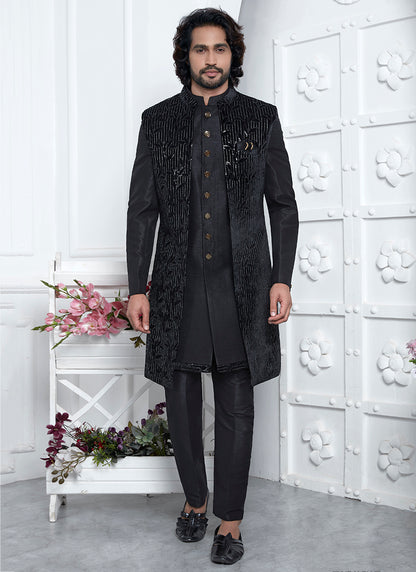 Art Silk Black Wedding Wear Pattern Pc Readymade Sherwani 352545