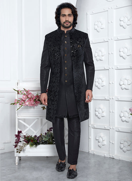 Art Silk Black Wedding Wear Pattern Pc Readymade Sherwani 352545
