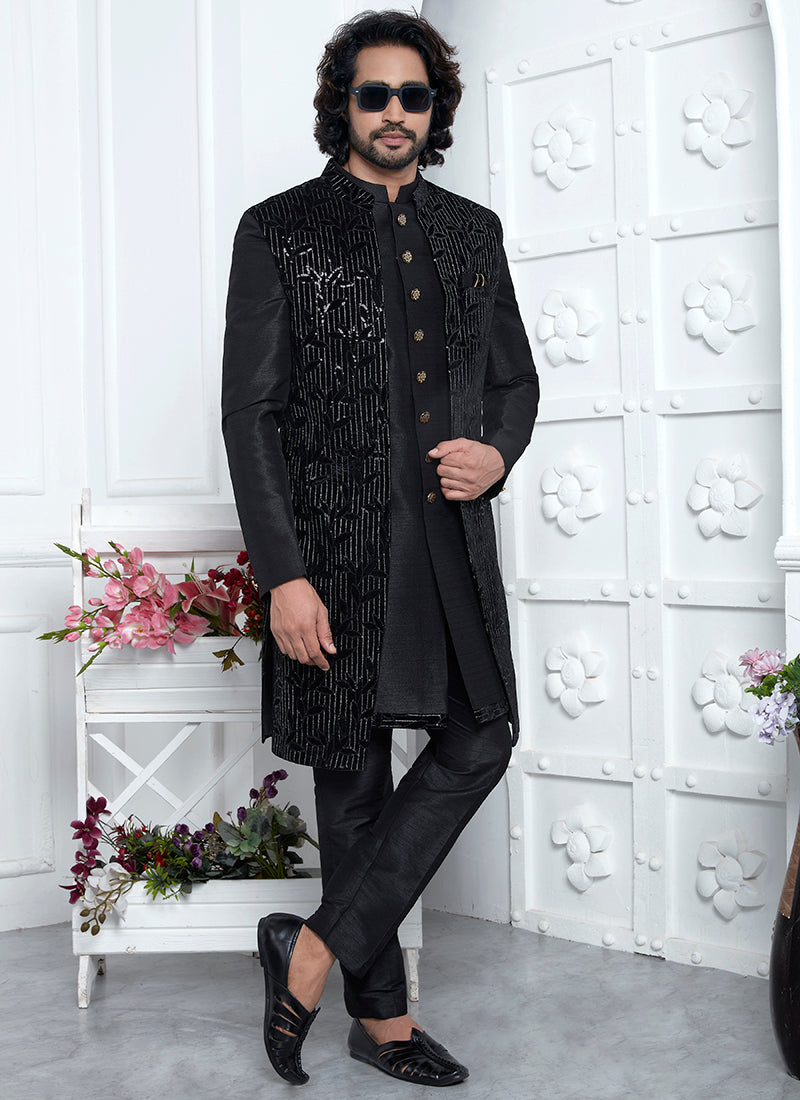 Art Silk Black Wedding Wear Pattern Pc Readymade Sherwani 352545