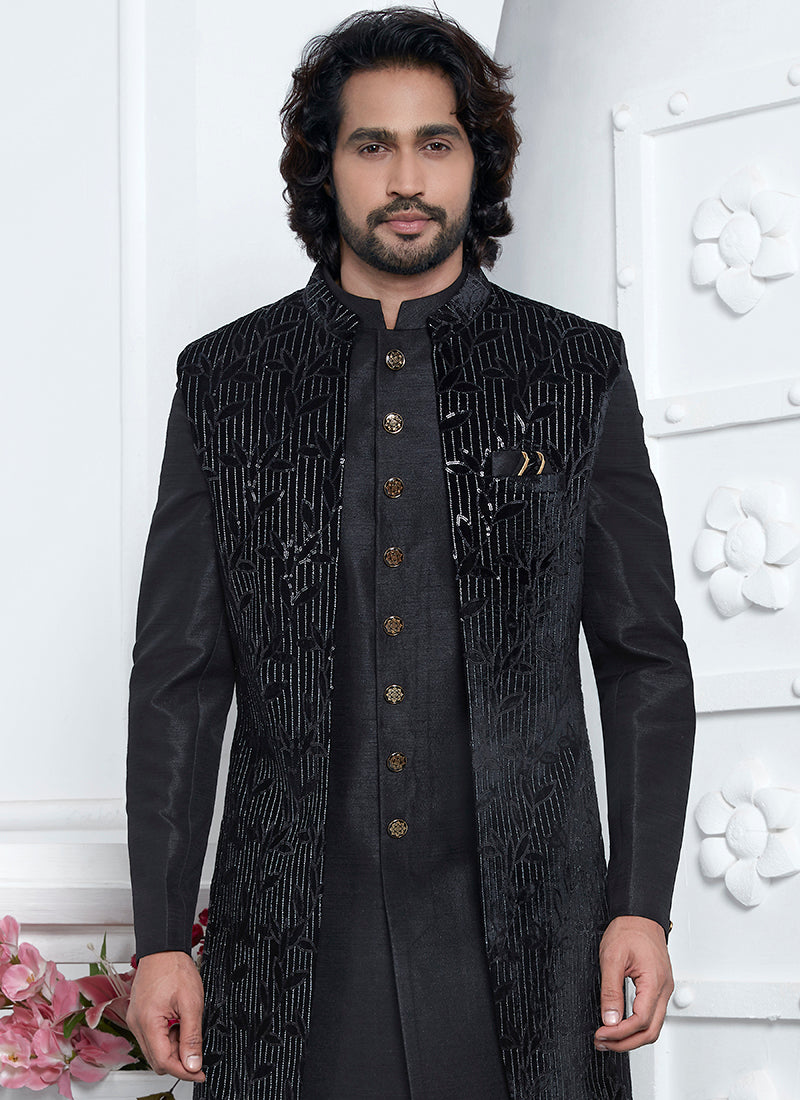 Art Silk Black Wedding Wear Pattern Pc Readymade Sherwani 352545