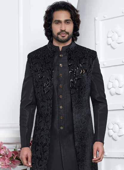 Art Silk Black Wedding Wear Pattern Pc Readymade Sherwani 352545