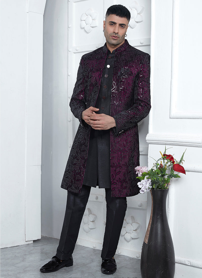 Art Silk Wine Wedding Wear Pattern Pc Readymade Sherwani 352546