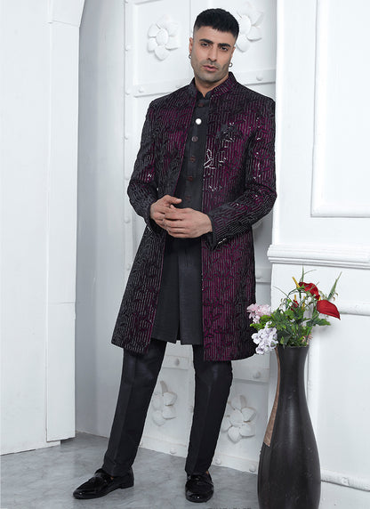 Art Silk Wine Wedding Wear Pattern Pc Readymade Sherwani 352546