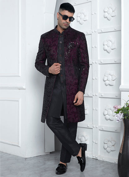 Art Silk Wine Wedding Wear Pattern Pc Readymade Sherwani 352546