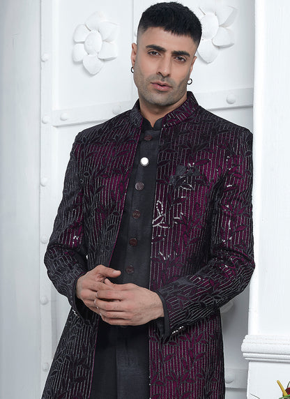Art Silk Wine Wedding Wear Pattern Pc Readymade Sherwani 352546