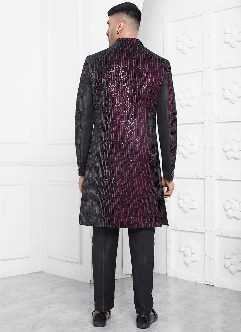 Art Silk Wine Wedding Wear Pattern Pc Readymade Sherwani 352546