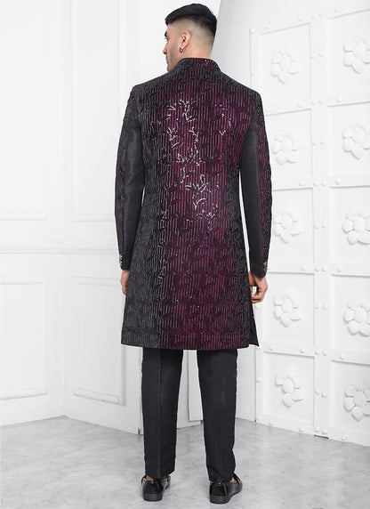 Art Silk Wine Wedding Wear Pattern Pc Readymade Sherwani 352546