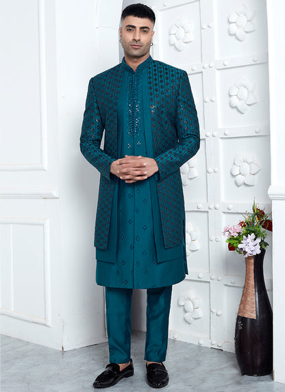 Art Silk Teal Blue Wedding Wear Embroidery Work Readymade Sherwani 352547