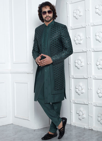 Art Silk Green Wedding Wear Embroidery Work Readymade Sherwani 352548