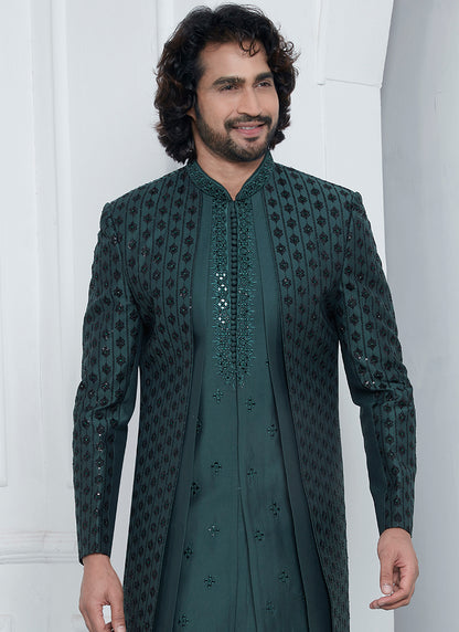 Art Silk Green Wedding Wear Embroidery Work Readymade Sherwani 352548