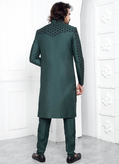 Art Silk Green Wedding Wear Embroidery Work Readymade Sherwani 352548