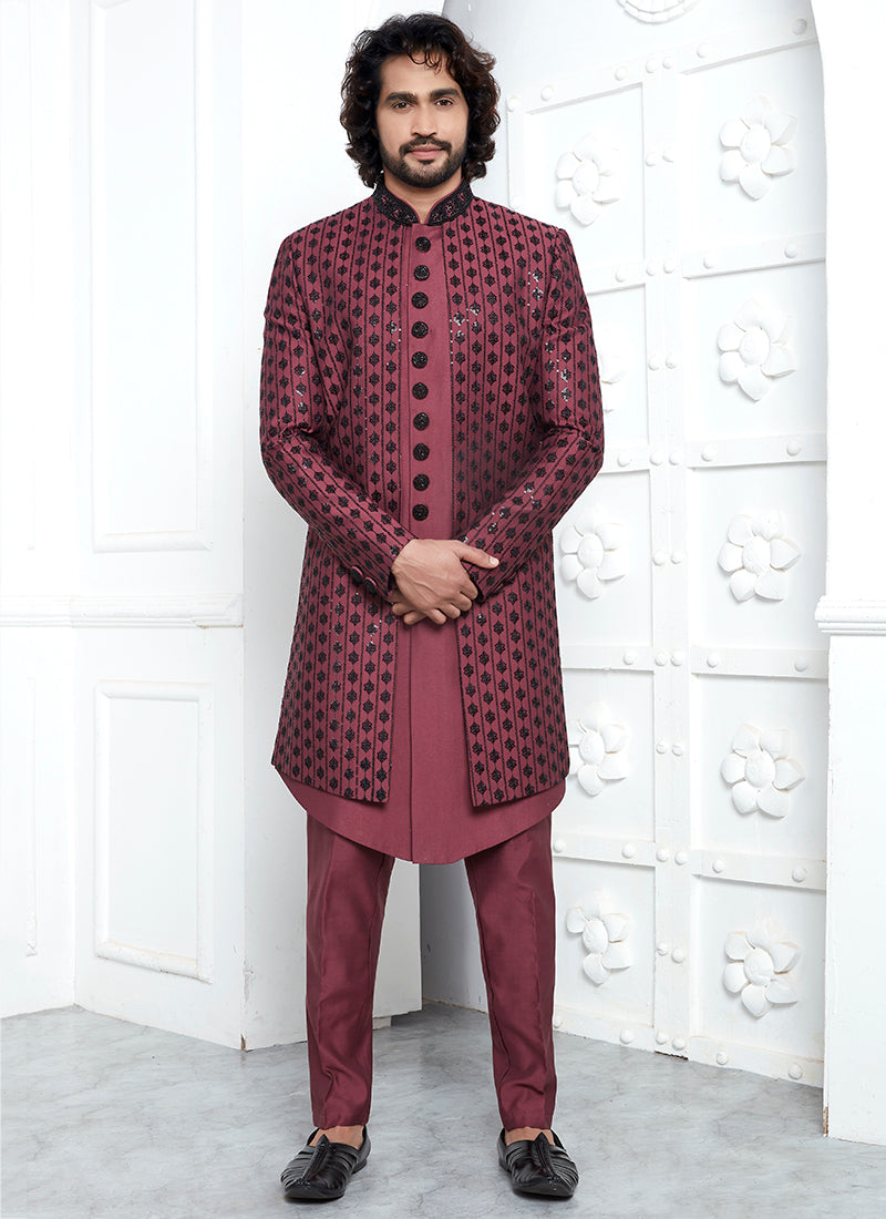 Art Silk Rose Pink Wedding Wear Embroidery Work Readymade Sherwani 352549