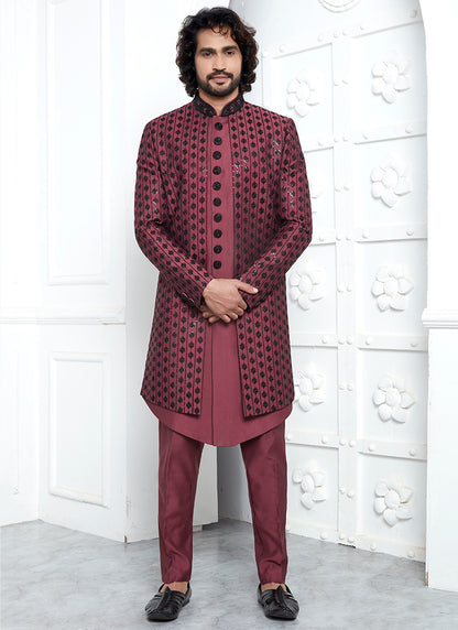 Art Silk Rose Pink Wedding Wear Embroidery Work Readymade Sherwani 352549