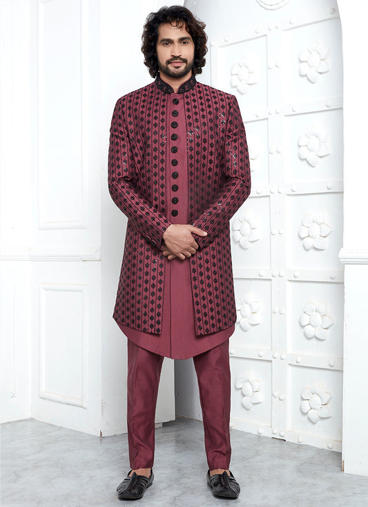 Art Silk Rose Pink Wedding Wear Embroidery Work Readymade Sherwani 352549