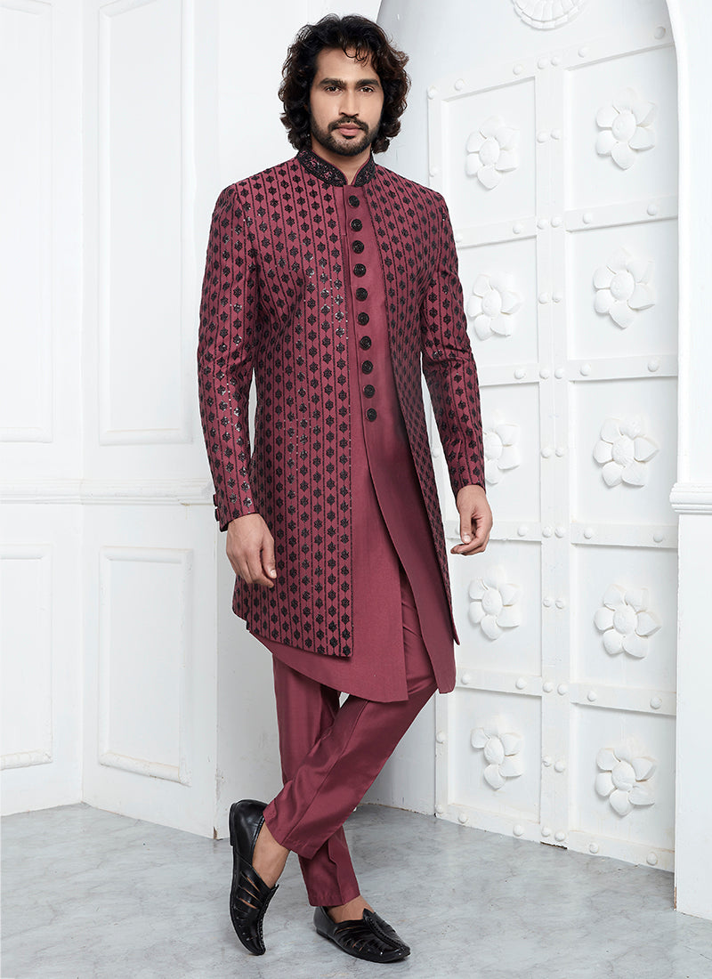 Art Silk Rose Pink Wedding Wear Embroidery Work Readymade Sherwani 352549