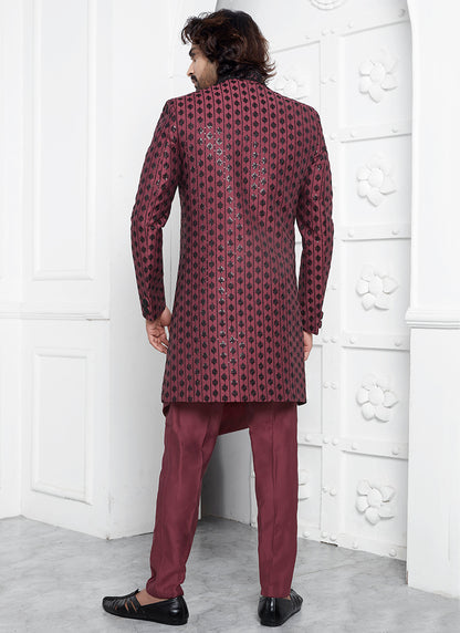 Art Silk Rose Pink Wedding Wear Embroidery Work Readymade Sherwani 352549