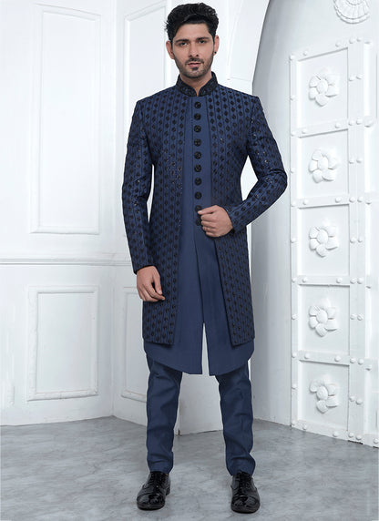 Art Silk Blue Wedding Wear Embroidery Work Readymade Sherwani 352550