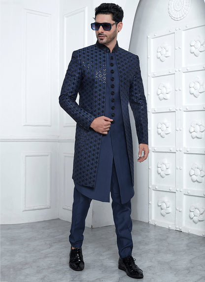 Art Silk Blue Wedding Wear Embroidery Work Readymade Sherwani 352550