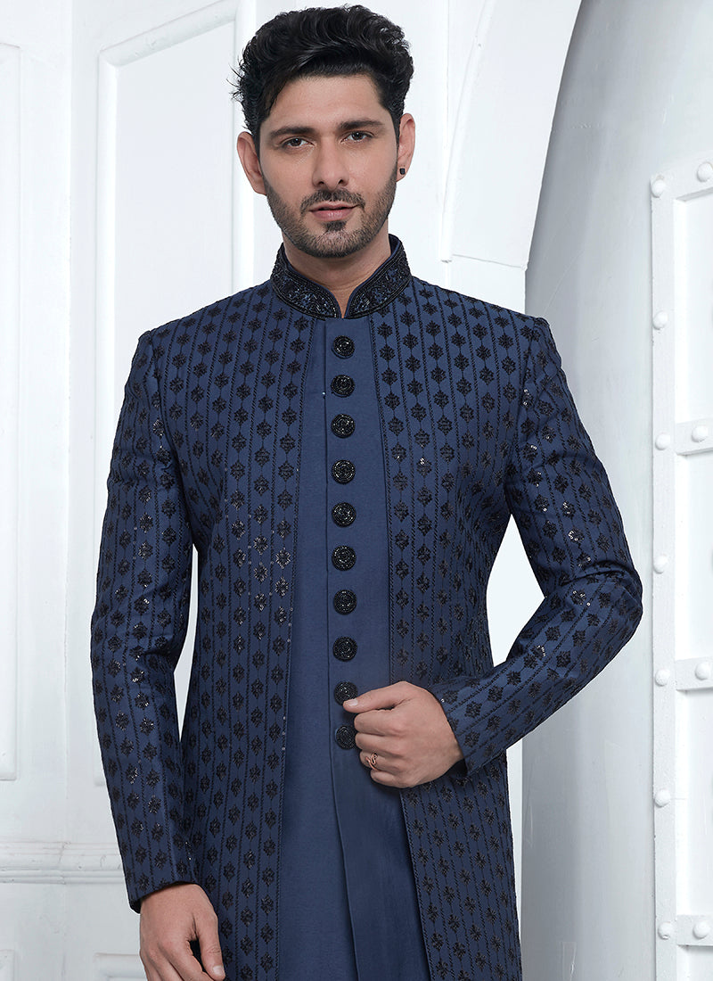 Art Silk Blue Wedding Wear Embroidery Work Readymade Sherwani 352550