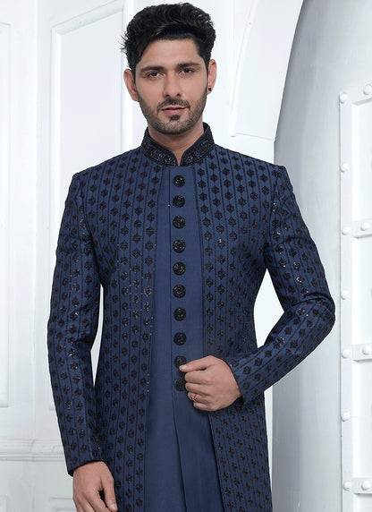 Art Silk Blue Wedding Wear Embroidery Work Readymade Sherwani 352550