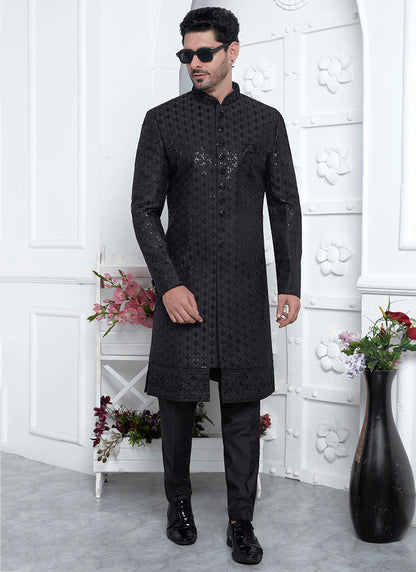 Art Silk Black Wedding Wear Embroidery Work Readymade Sherwani 352551