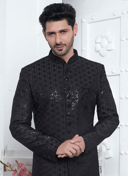 Art Silk Black Wedding Wear Embroidery Work Readymade Sherwani 352551