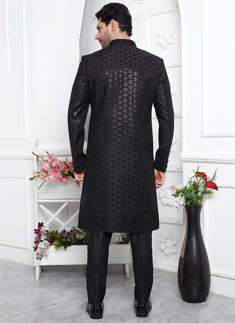 Art Silk Black Wedding Wear Embroidery Work Readymade Sherwani 352551