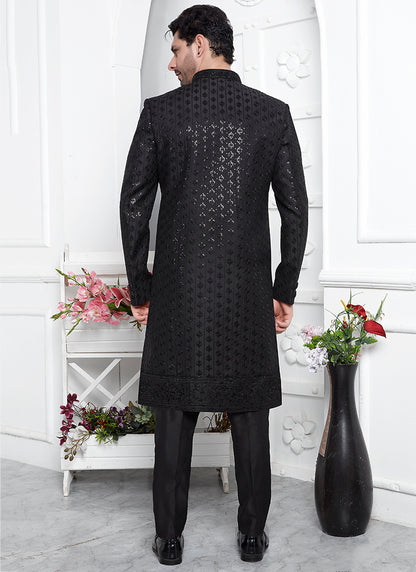 Art Silk Black Wedding Wear Embroidery Work Readymade Sherwani 352551