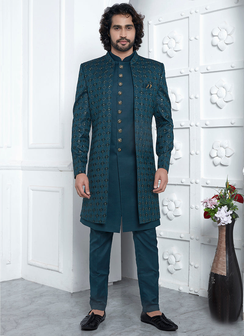 Art Silk Green Wedding Wear Pattern Pc Readymade Sherwani 352552