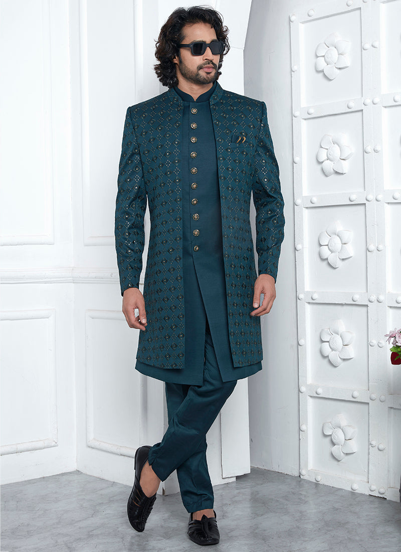 Art Silk Green Wedding Wear Pattern Pc Readymade Sherwani 352552