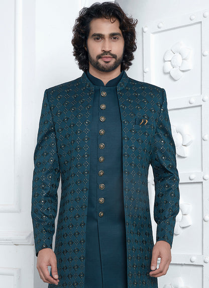 Art Silk Green Wedding Wear Pattern Pc Readymade Sherwani 352552