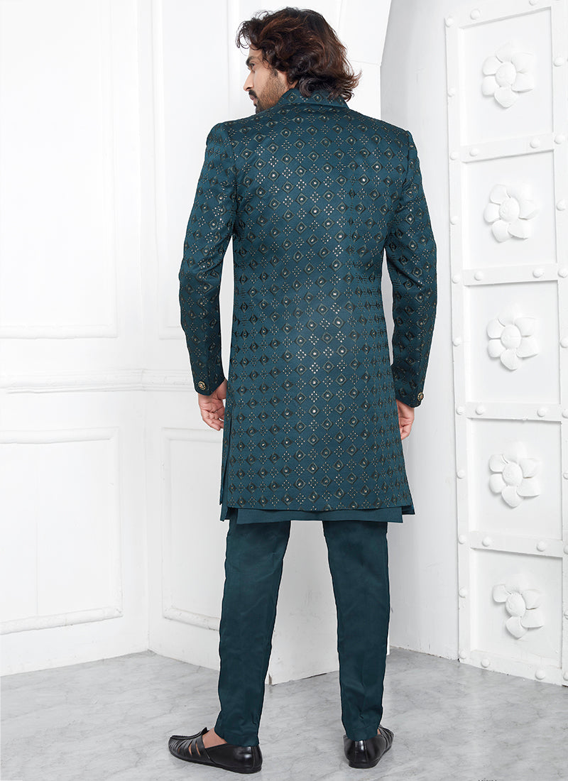 Art Silk Green Wedding Wear Pattern Pc Readymade Sherwani 352552
