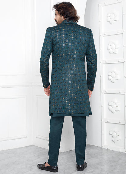 Art Silk Green Wedding Wear Pattern Pc Readymade Sherwani 352552