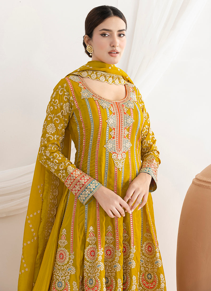 Silk Mustard Wedding Wear Embroidery Work Readymade Anarkali Suit 387679