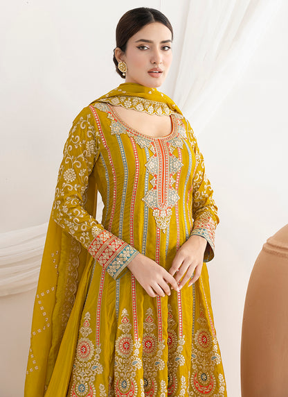 Silk Mustard Wedding Wear Embroidery Work Readymade Anarkali Suit 387679