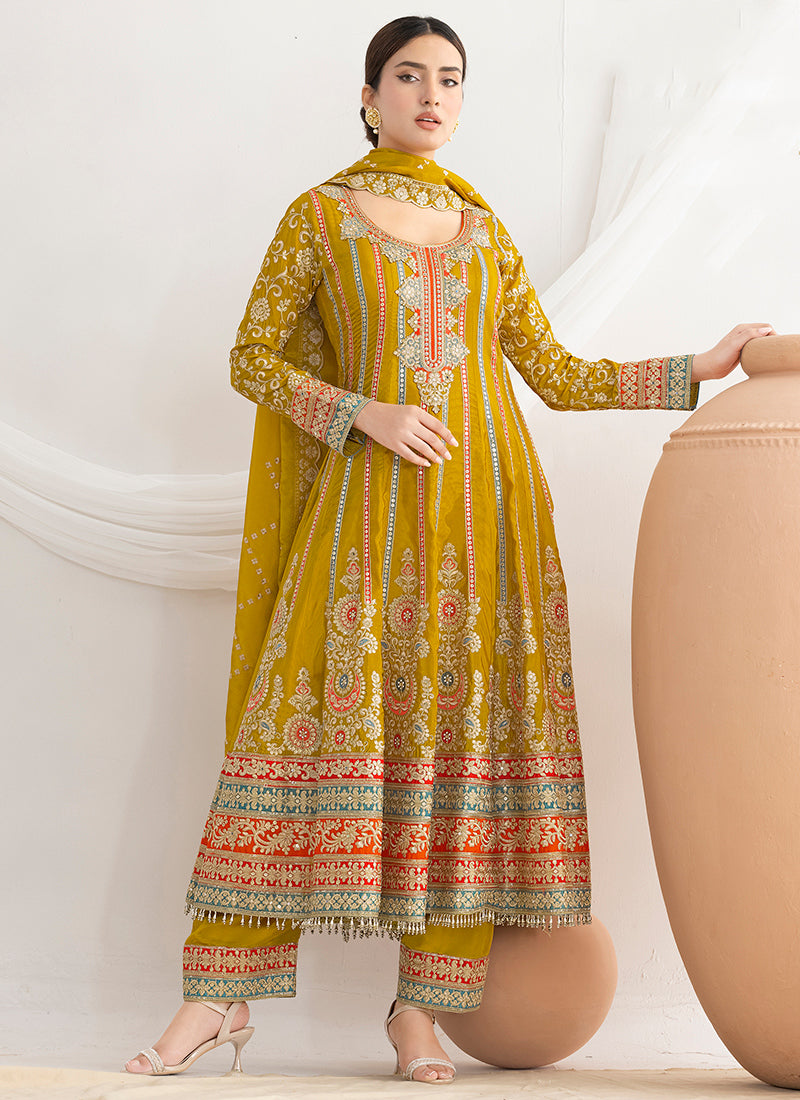 Silk Mustard Wedding Wear Embroidery Work Readymade Anarkali Suit 387679