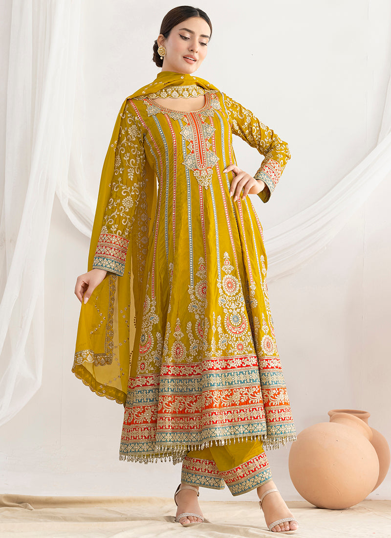 Silk Mustard Wedding Wear Embroidery Work Readymade Anarkali Suit 387679