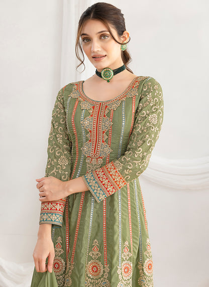 Silk Green Wedding Wear Embroidery Work Readymade Anarkali Suit 387680