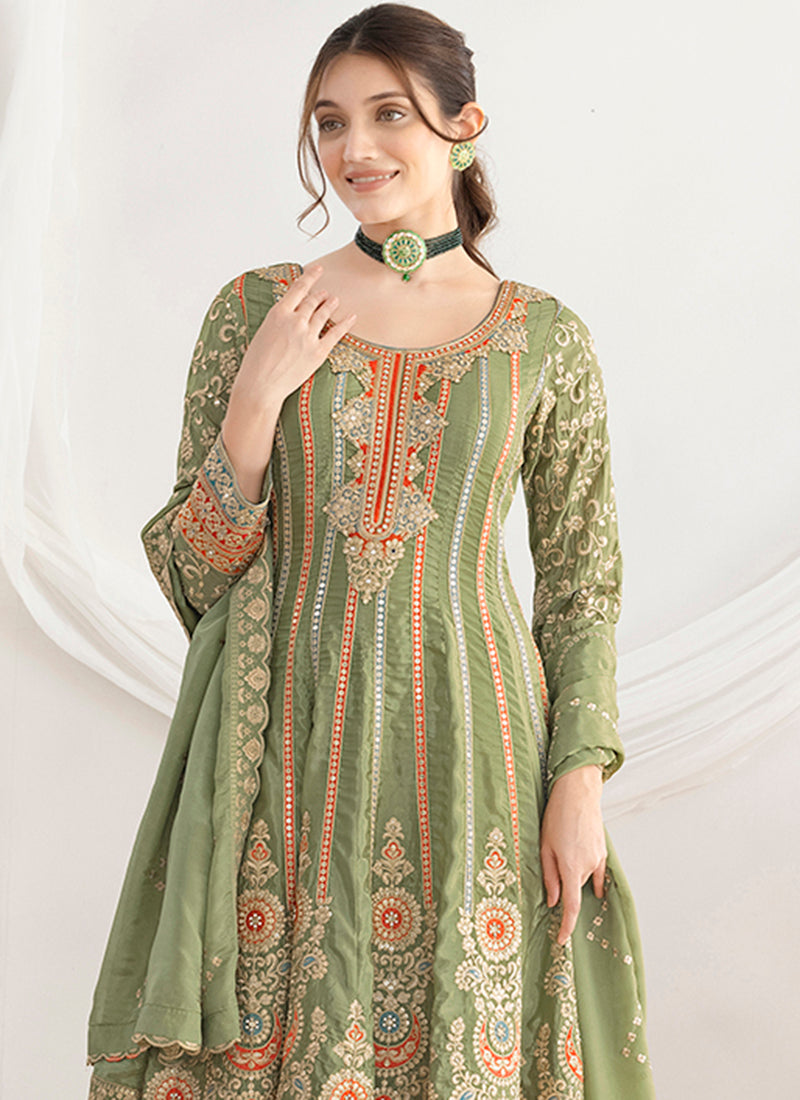 Silk Green Wedding Wear Embroidery Work Readymade Anarkali Suit 387680