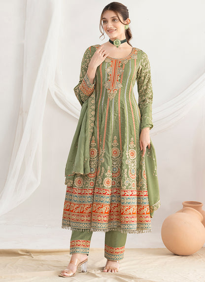 Silk Green Wedding Wear Embroidery Work Readymade Anarkali Suit 387680