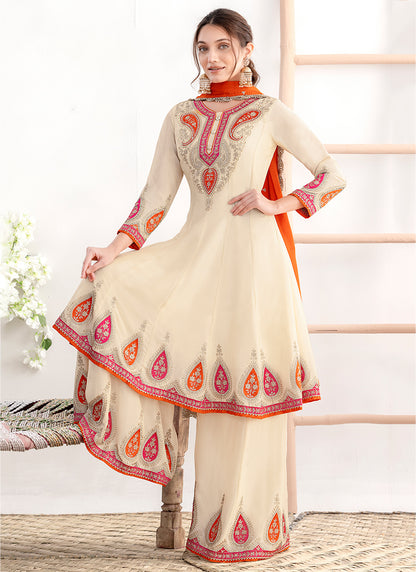 Chinon Cream Occasional Wear Embroidery Work Readymade Plazzo Suit 387677