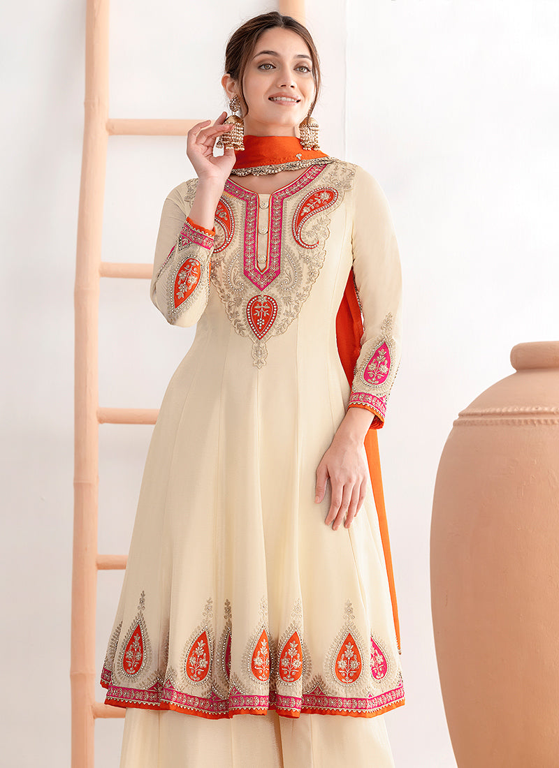 Chinon Cream Occasional Wear Embroidery Work Readymade Plazzo Suit 387677